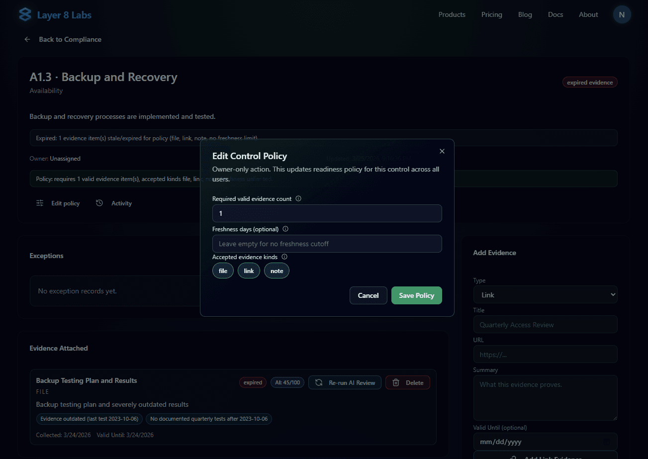 Compliance policy and control configuration