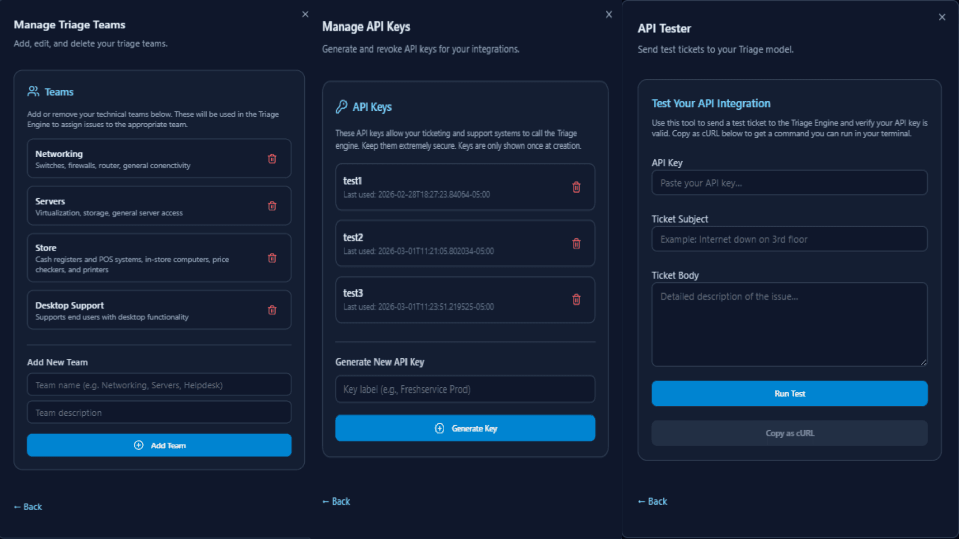 Triage teams configuration interface